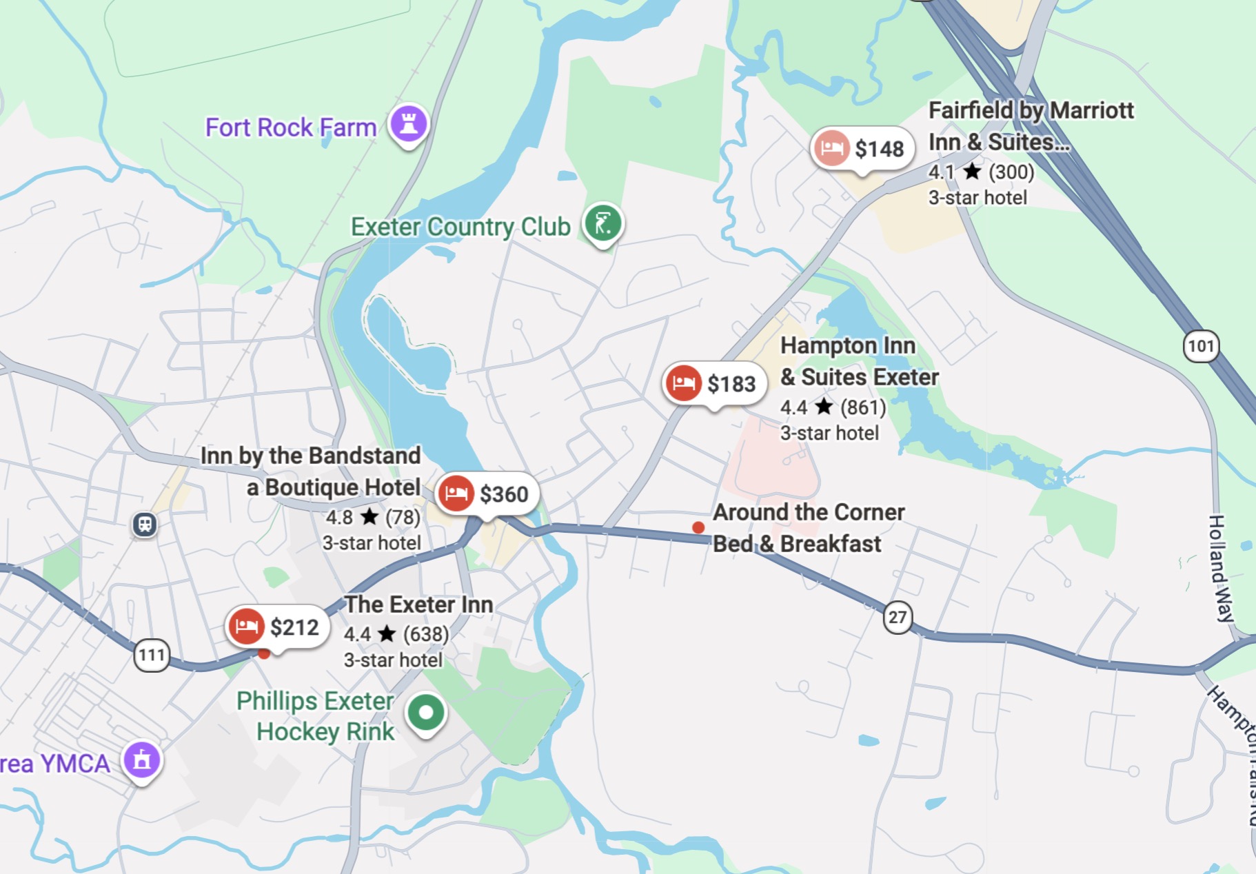 Screenshot of Google Maps "hotel exeter NH"