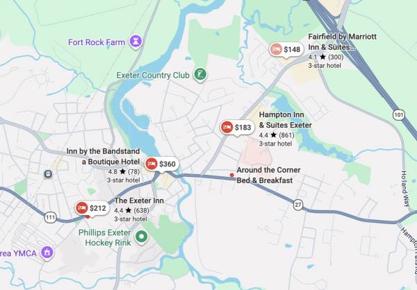 Screenshot of Google Maps "hotel exeter NH"